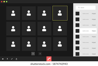 Video conference user interface with a list of users, video conference calls window overlay. Twelve Users.