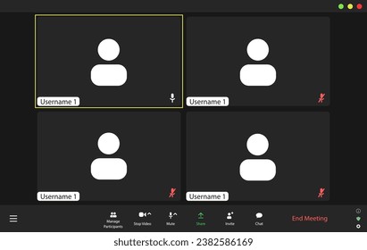 Video conference user interface, video meeting call window overlay. Modern UI template for 4 users.