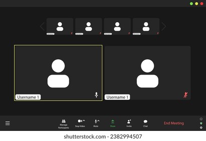 Video conference user interface, video meeting call window overlay. Modern UI template for 6 users.