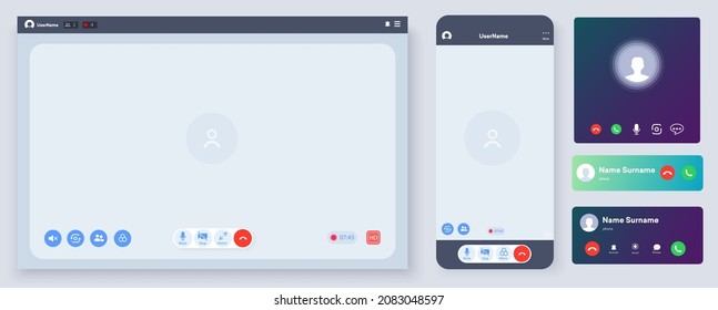 Video conference user interface.  Mockup incoming call, voicemail screen, smartphone interface vector template. Flat UI, UX for application. Video call screen interface template. Vector illustration