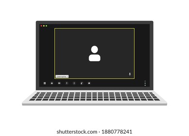 Video conference user interface on realistic laptop, video conference calls window overlay. One User.