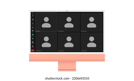Video conference user interface, Six users. Video conference calls window overlay on desktop, video chat UI elements, webinar, online meeting. Vector illustration