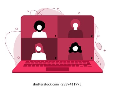 Video conference using an application on a laptop. Remote meeting, communication, dialogue. Gathering of the team, class, entrepreneurs.