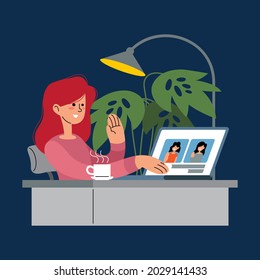 Videokonferenz mit digitaler App. Menschen, die digitale Treffen auf einem Laptop durchführen. Vektorgrafik der Kommunikationstechnik