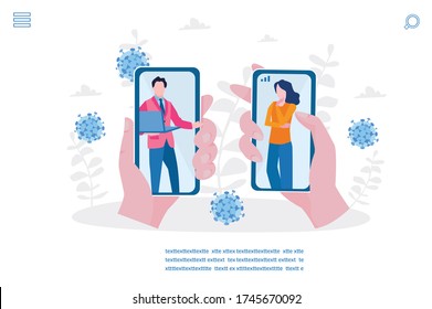 Video conference  using smartphone, remote concept, COVID-19 Coronavirus outbreak, Vector illustration for web banner, infographics, mobile. people using technology work at home.