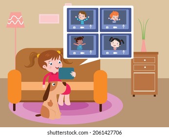 Video conference vector concept: Little girl talking with her friends in video call while using digital tablet at home 