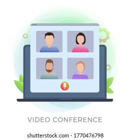 Video conference vector icon concept. Business team on pandemic and quarantine due to covid-19. Online video call meeting or webinar with colleagues. Videoconference while working from home.