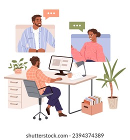 Video conference. Vector illustration. The video call brings people face-to-face despite being miles apart Video calling fosters sense personal connection in remote conversations Video calling