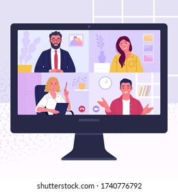 Video conference. Vector illustration of computer screen of colleagues talking during a video call. Isolated on background