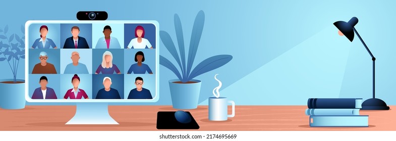 Ilustración vectorial de videoconferencia. Pantalla de computadora, grupo de personas hablando a través de internet