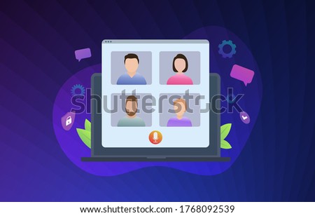 Video conference vector illustration concept. Online video call meeting or webinar with colleagues, business team on pandemic and Covid-19 quarantine. Videoconference while remote working from home