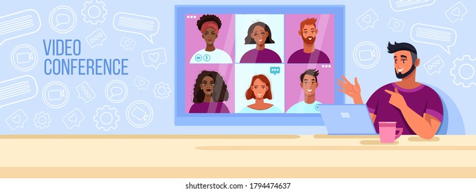 Video Conference Vector Illustration With Group Of People Cheerful Communicating Online. Virtual Meeting Concept With Laptop Screen, Men And Women Avatars. Video Conference And Teamwork Banner