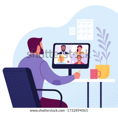 Video conference. Vector illustration of a man in suit communicates with colleagues via video call from home