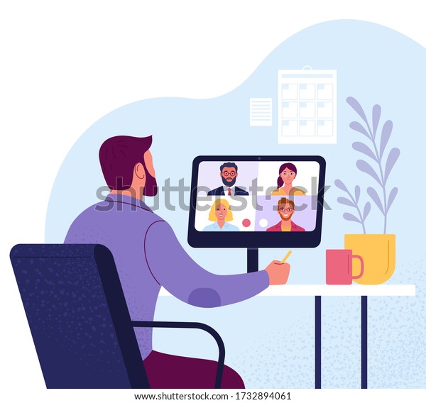 Video Conference Vector Illustration Of A Man In Suit Communicates 