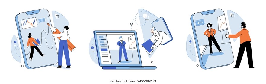 Video conference. Vector illustration. Meetings conducted via video conference ensure efficient decision-making Talking to team members through video conference strengthens relationships The video