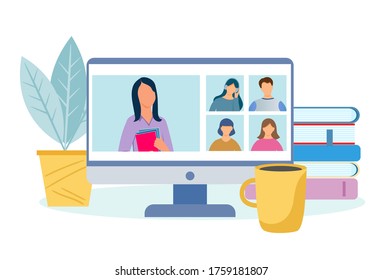 Video conference - vector illustration on the theme of online video communication, online training and work. Monitor screen during a video conference, several people communicate online.