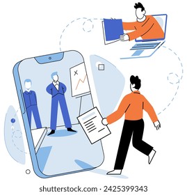 Video conference. Vector illustration. Seminars held via video conferences enable lifelong learning The audience can actively participate in convention through video conferencing Video conferences