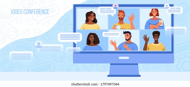 Video Conference Vector Illustration With Young Diverse People On Computer Screen. Virtual Meeting Banner With Students Communicating Online. Video Conference Or Call Background With Copy Space