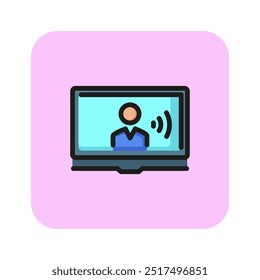 Video Icono de línea de Vector de conferencia. Negociación, colega, en línea. La Ilustración vectorial se puede utilizar para temas como educación, cualificación, RR. HH