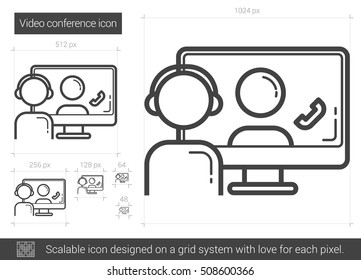 Video Conference Vector Line Icon Isolated On White Background. Video Conference Line Icon For Infographic, Website Or App. Scalable Icon Designed On A Grid System.