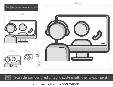 Video Conference Vector Line Icon Isolated On White Background. Video Conference Line Icon For Infographic, Website Or App. Scalable Icon Designed On A Grid System.