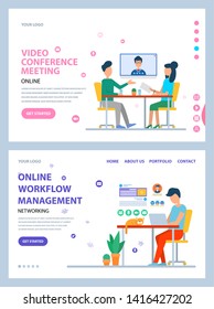 Video conference vector, online workflow management, male working on laptop in office, people on meeting with boss looking at screen set. Website or webpage template, landing page flat style