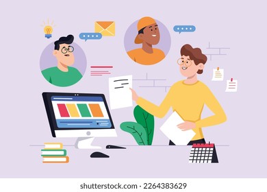 Videoconferencia sobre el concepto de fondo violento con la escena de la gente en el estilo de dibujo plano. El director invitó a sus colegas a una videoconferencia para discutir la situación. Ilustración vectorial.