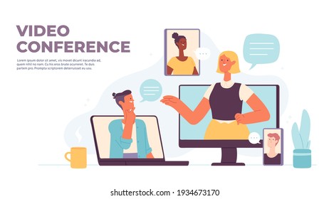 Video conference. Virtual call with people chat on computer, smartphone, tablet and laptop screen. Gadgets for online meeting vector concept