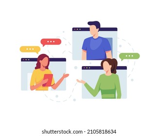 Video conference and virtual communication concept. Remote communication on the internet. Online meeting, Friends talking online. Vector illustration in a flat style