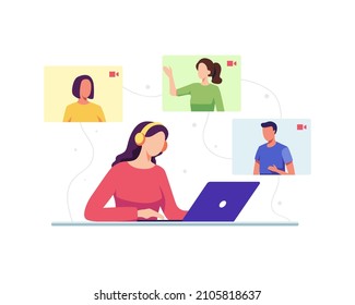 Video conference and virtual communication concept. Young woman with friends in a video chat, Friends talking online. Vector illustration in a flat style