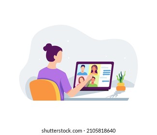 Video conference and virtual communication concept. Young woman with friends in a video chat, Friends talking online. Vector illustration in a flat style