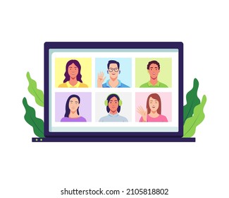 Video conference and virtual communication concept. Remote communication on the internet, Friends talking online. Vector illustration in a flat style