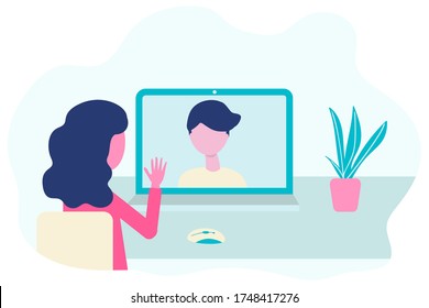 Video conference. Virtual meeting concept. People on computer screen talking. Online communication vector concept in flat design.
