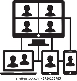 Ícone de vetor de conferência de vídeo e reunião virtual. Rede de comunicação entre dispositivos mostrando usuários em telas de desktop, laptop, tablet e smartphone. Conceito de trabalho em equipe remoto.