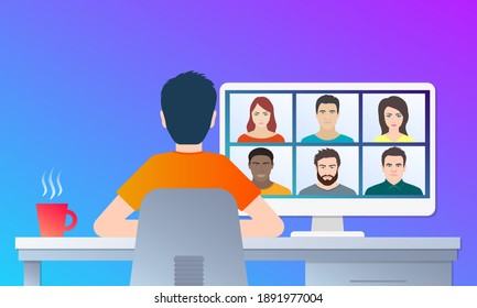 Video Conference, Virtual Work, Online Learning. Man At A Desk Talking To A Group Of People On A Computer Screen. Home Office, Virtual Call Or Chat Concept. Vector Illustration.