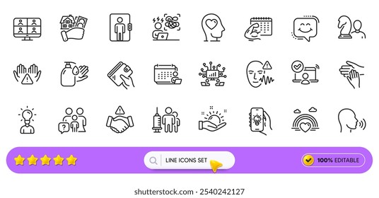 Vídeo-conferência, Carteira e Família pergunta ícones de linha para aplicativo Web. Pacote de Lavar mãos, Elevador, ícones do pictograma do aplicativo elétrico. Vacinação médica, mãos limpas, sinais de educação. Barra de pesquisa. Vetor