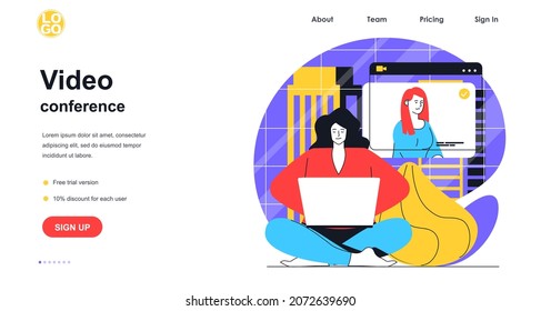 Video conference web banner concept. Woman makes video call using laptop. Online communication with friends and colleagues landing page template. Vector illustration with people scene in flat design