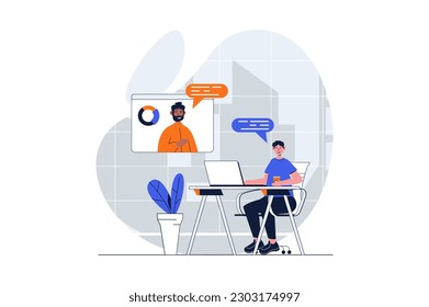 Concepto web de videoconferencia con escena de personajes. Hombres hablando y trabajando a distancia a través de videochat virtual. La gente se encuentra en un diseño plano. Ilustración vectorial para material de marketing en medios sociales.