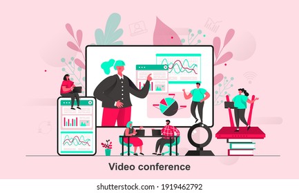 Diseño de concepto web de videoconferencia en estilo plano. Visualización en línea de la escena de comunicación de equipo. Trabajo en equipo remoto y colaboración. Ilustración vectorial con personajes diminutos en situación de vida.