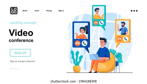 Video conference web concept. Man calls up with friends or colleagues online from laptop at home. Template of people scenes. Vector illustration with character activities in flat design for website