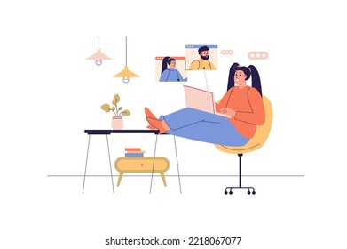 Video conference web concept with people scene. Woman communicate with friends via video calling. Colleagues meeting online using laptop app. Character situation in flat design. Vector illustration.