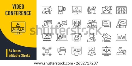 Video Conference web icons in line style. Webinar, online event, webcast, speaker, call, meeting, chat, collection. Vector illustration.