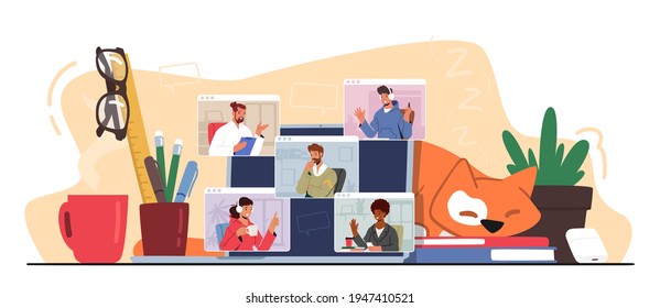 Video Conference, Webcam Group Teleconference with Coworkers by Computer. Business Characters, Office Employees Speak with Remote Colleagues, Online Meeting, Chat. Cartoon People Vector Illustration