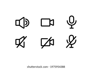 Video conference, webinar, video chat simple thin line icon set vector illustration. Speaker, microphone, video camera.