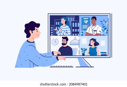 Video conference, webinar. The concept of online meetings. Vector. Flat cartoon style. Illustration.