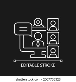 Video conference white linear icon for dark theme. Virtual chat with group. Work monitoring. Thin line customizable illustration. Isolated vector contour symbol for night mode. Editable stroke