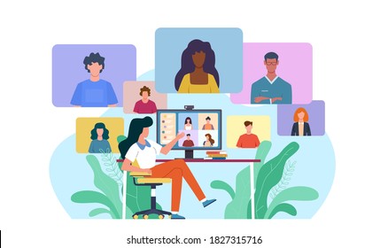 Video conference. Woman at desk provides collective virtual chat using computer. Online business meeting working team webinar with specialist home office during covid-19 quarantine vector concept