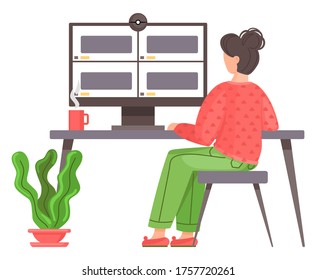 Video conference. Woman having a conference video call with her colleagues or friends, online communication concept. Illustration of communication screen conference, videoconferencing, online meeting