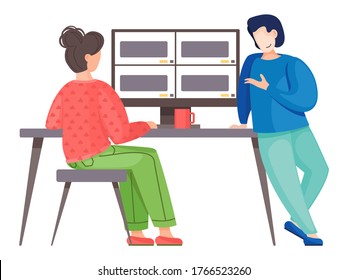 Video conference. Woman having a conference video call with her colleagues or friends, online communication concept. Illustration of communication screen conference, videoconferencing, online meeting