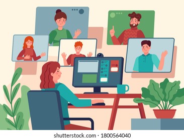 Video conference. Woman at home chatting with friends on computer screen, online communication with coworkers, video chat vector concept. Internet meeting with colleagues, having e-learning